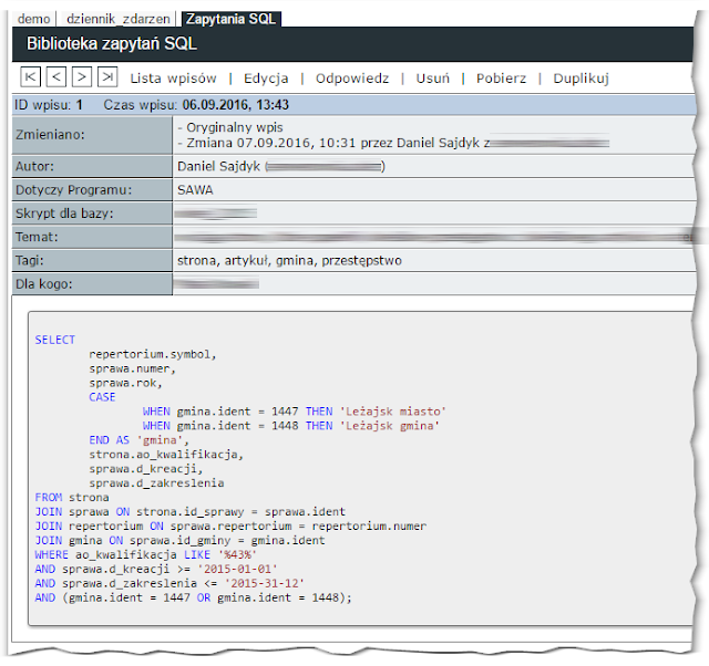 Aplikacja ELOG z zapytaniem SQL pokolorowanym skryptem highlightjs.org