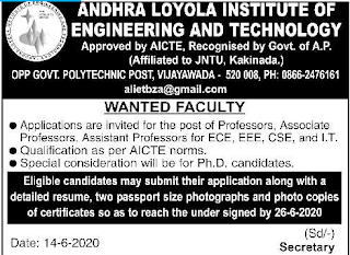 Vijayawada Andhra Loyola Institute of Engineering and Technology Assistant Professor, Associate Professor Faculty Jobs 2020