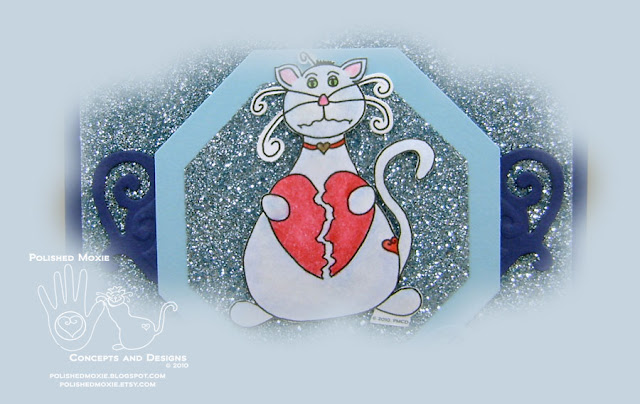 Section of the image on my missing you cat card in blue.