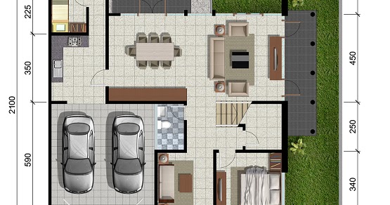 Denah rumah minimalis ukuran 15x21 meter 5 kamar tidur 2 