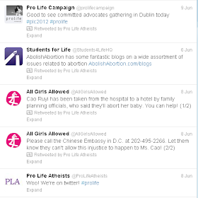 Pro Life Atheists' first tweet on 8th June. Their fifth tweet is a retweet of @ProLifeCampaign.