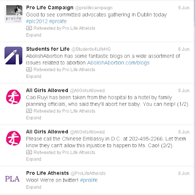 Pro Life Atheists' first tweet on 8th June. Their fifth tweet is a retweet of @ProLifeCampaign.