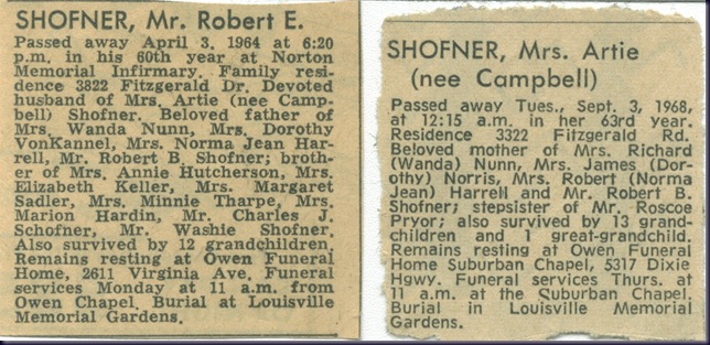 Robert and Artie Shofner Obits