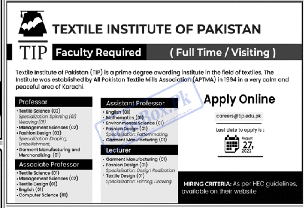 Textile Institute of Pakistan TIP jobs 2022 Advertisement