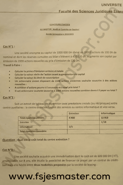Exemple Concours Master Audit et Contrôle de Gestion 2022-2023 - Fsjes Mohammedia