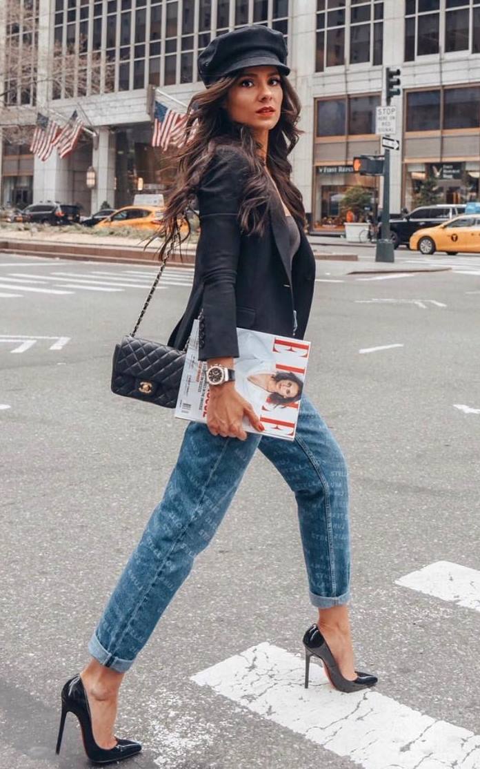 what to wear with a pair of boyfriend jeans : black bag + heels + blazer + hat + top