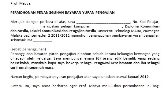 Contoh Surat Rasmi Permohonan Penangguhan Pembayaran Yuran