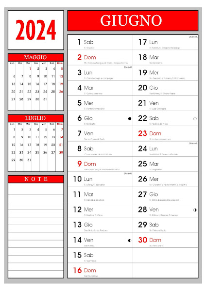 Giugno - Calendario 2024 con santi e fasi lunari