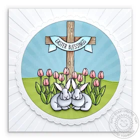 Sunny Studio Stamps: Spring Greetings Easter Bunny with Tulips & Cross Card (also using Easter Wishes Stamps, Frilly Frames Circles & Sunburst Embossing Folder)