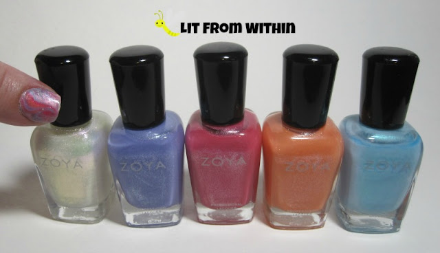 Bottle shot:  Zoya Leia, Aster, Azalea, Zahara, and Rayne