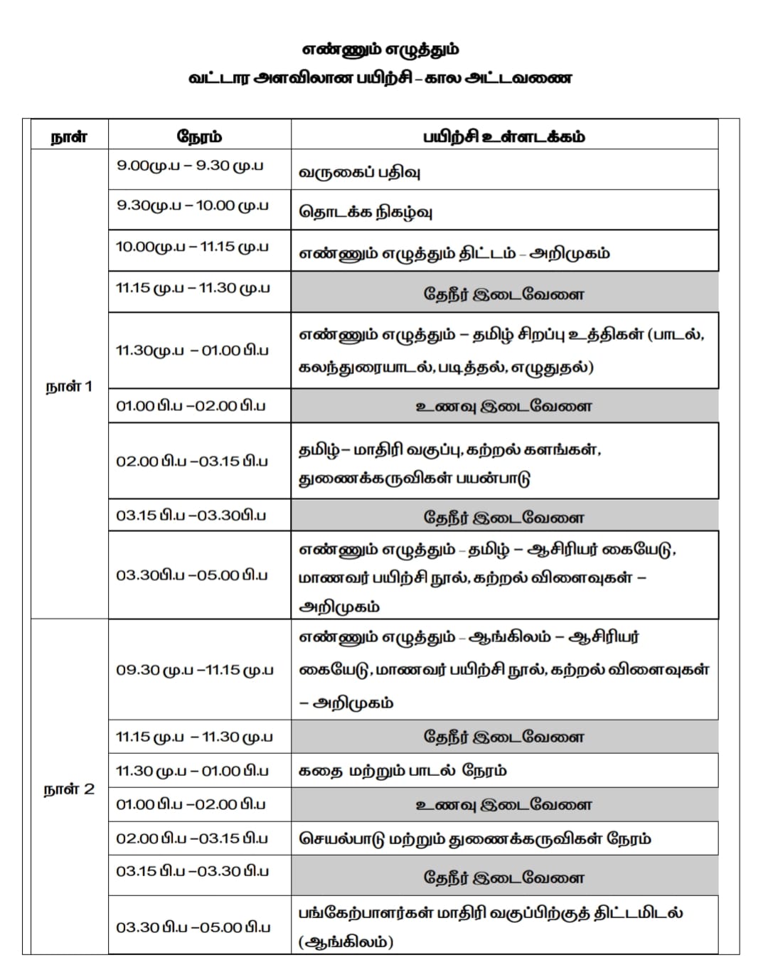 எண்ணும் எழுத்தும்- வட்டார அளவிலான பயிற்சி கால அட்டவணை