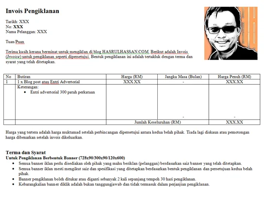 Contoh dan Template Invois Pengiklanan Blog