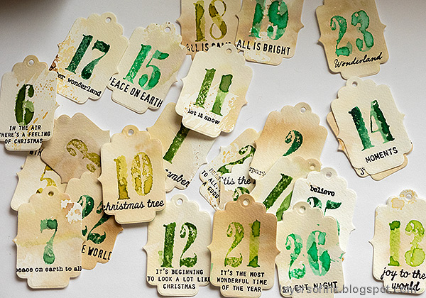 Layers of ink - Advent Calendar Countdown Tags Tutorial by Anna-Karin Evaldsson. Stamp sentiments from various sets.