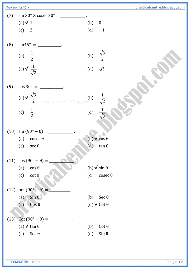 trigonometry-mcqs-mathematics-10th