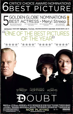 Poster of the movie Doubt, showing the actors Philip Seymour Hoffman, Amy Adams and Meryl Streep