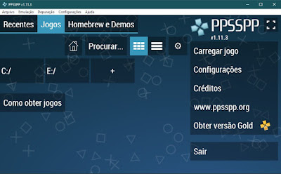 Imagem da tela principal do emulador PPSSPP