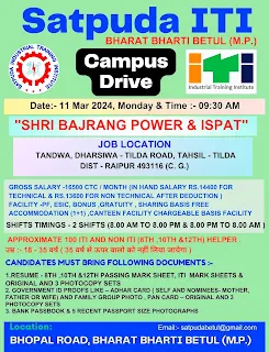 10th Pass, 12th Pass and ITI Holders Jobs Vacancies Campus Placement for Technician & Helpers Posts in Shri Bajrang Power & Ispat Limited Raipur, Chhattisgarh