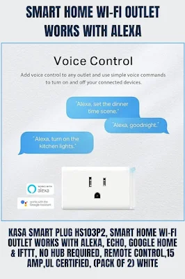 Kasa Smart Plug HS103P2, Wi-Fi Outlet for Smart Homes that works with Alexa, Echo, Google Home, and IFTTT. No need for a separate hub. You can control it remotely, and it's certified safe. Comes in a pack of 2, in white.