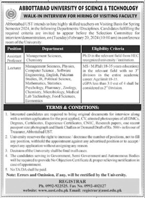 The Abbottabad University of Science and technology Jobs Interview 2024