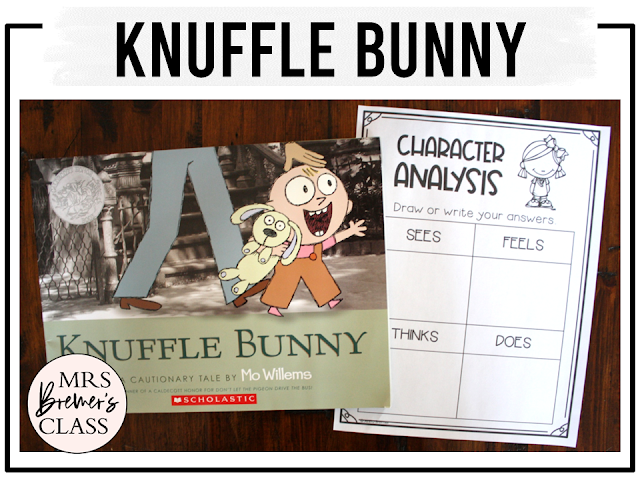 Knuffle Bunny book activities unit with literacy printables, reading companion worksheets, lesson ideas, and a craft for Kindergarten and First Grade