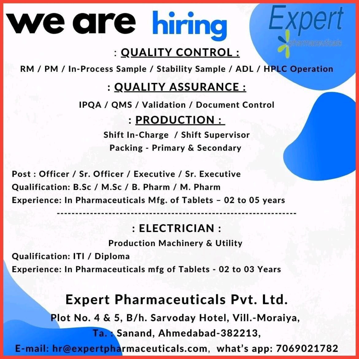 Job Availables for Expert Pharmaceuticals Pvt Ltd Job Vacancy for BSc/ MSc/ B Pharm/ M Pharm/ ITI/ Diploma