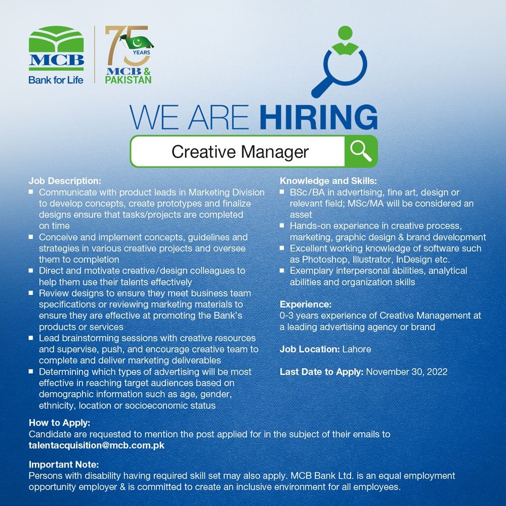MCB Bank looking for the Position of Creative Manager