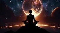 आकाशगंगा के सामने ध्यान मुद्रा में बैठा व्यक्ति — चेतना की अनंतताPerson meditating in front of galaxy — symbol of infinite consciousness