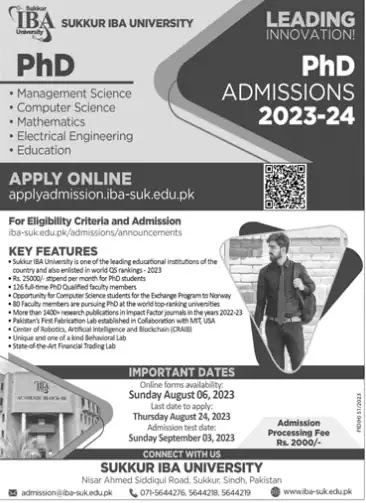 Sukkur IBA University PHD Admissions Open Year 2023-2024: