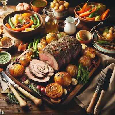 Ein Foto von einem Putenrollbraten mit Bandnudeln und Champignon-Weißweinsauce. Der Braten ist in Scheiben geschnitten und hat eine Kräuterkruste. Er liegt auf einem Holzbrett, das von verschiedenen Beilagen umgeben ist, darunter geröstetes Gemüse, Kartoffeln und Soßen. Der Hintergrund besteht aus einem dunklen Holztisch mit einer weißen Tischdecke. Der Tisch ist mit Tellern, Besteck und Gläsern gedeckt. Das Licht ist warm und diffus.