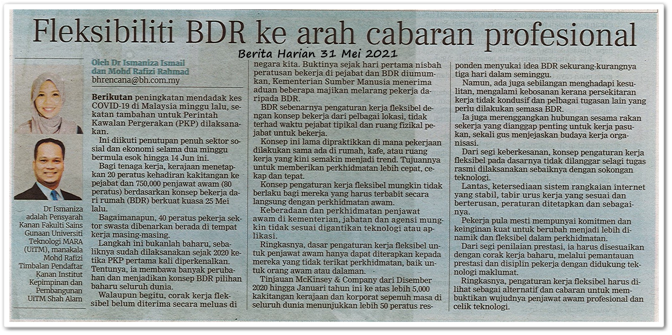 Fleksibiliti BDR ke arah cabaran profesional - Keratan akhbar Berita Harian 31 Mei 2021