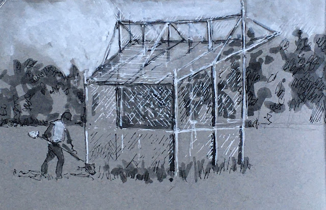 ink on toned paper sketch of athletic backstop with man wielding a weedwacker on weeds at its base.