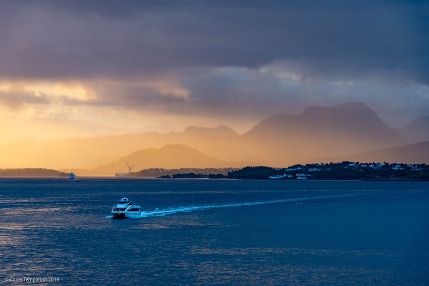 Norway cruise dramatic sunset with boat and mountains, August 2018 photo by Corey Templeton. 