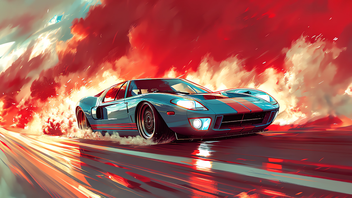Sleek sports car speeding along a racetrack, kicking up clouds of dust against a dramatic red sky