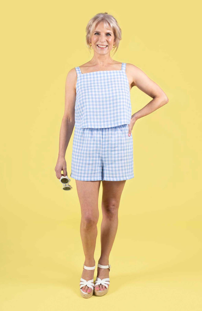 Model wearing a summery matching gingham shorts and top set, made using the Esti co-ord sewing pattern