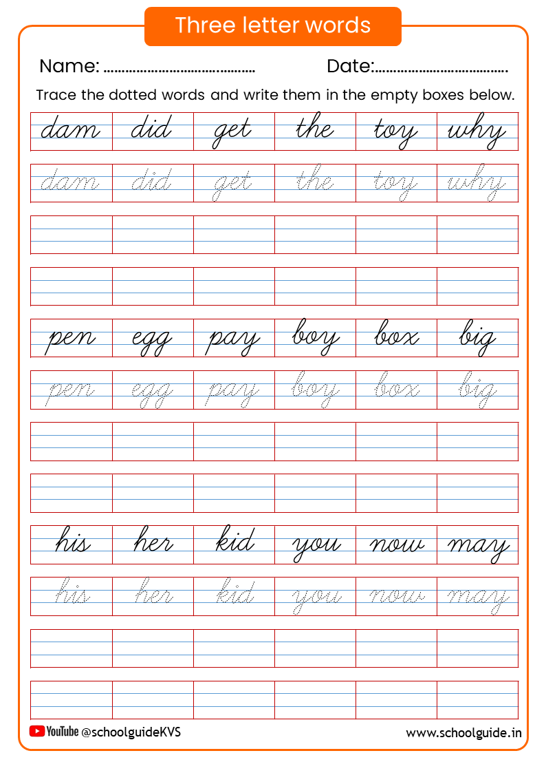 Three Letter Words Cursive Writing Worksheets