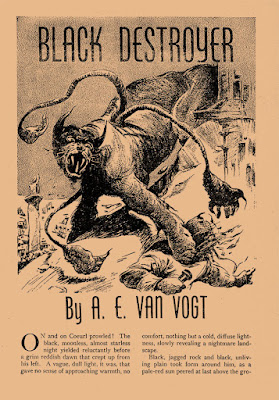 A black and white image on yellowed paper with text below. Title reads "Black Destroyer", below "By A.E. van Vogt". A large tentacled black cat appears to be attacking people. The story starts immediately below.