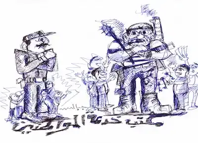 كاريكاتير يعبر عن احتماء المواطنين حول البلطجي الذي طالت قامته وارتفعت فوق قامة الشرطي