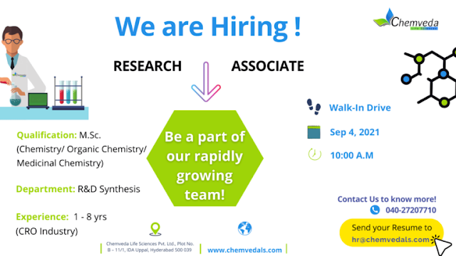 Chemveda Life Sciences | Walk-in interview for R&D on 4th Sept 2021