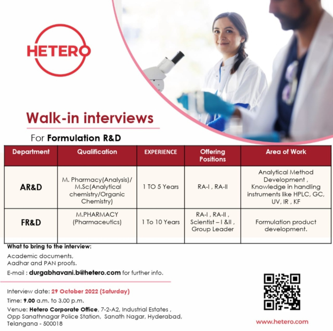 Job Availables for Hetero Walk-In Interview for AR&D/ FR&D