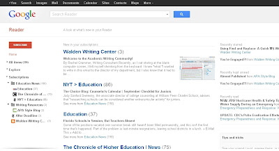 Screenshot of RSS feeds in Google Reader.