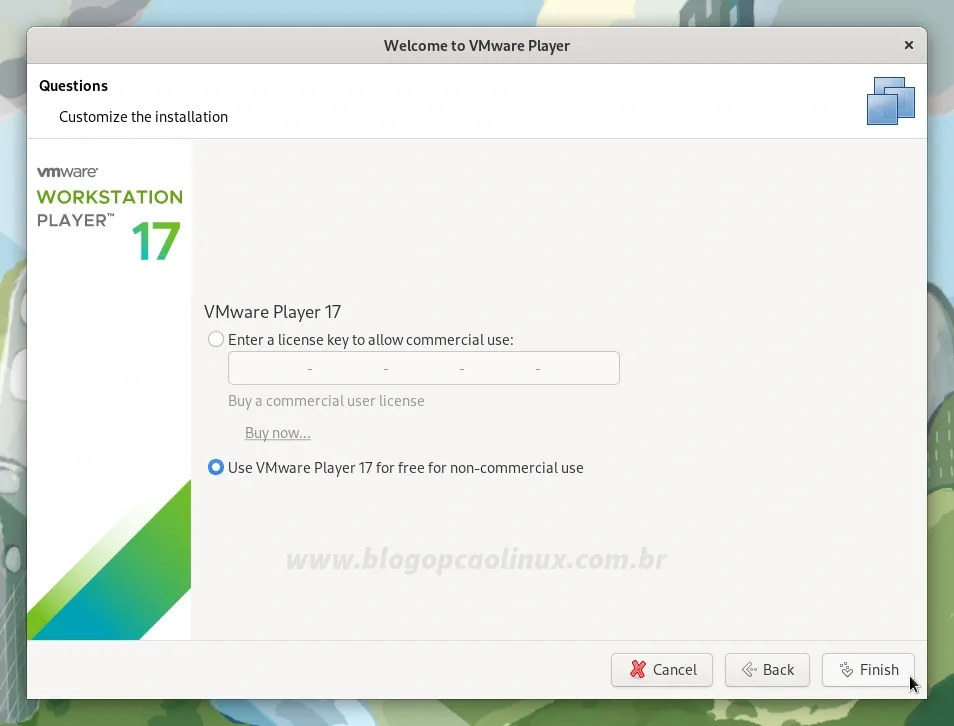 Você tem a opção de inserir uma licença comercial do Workstation Player (caso tenha comprado) ou selecionar a opção para uso pessoal e não comercial