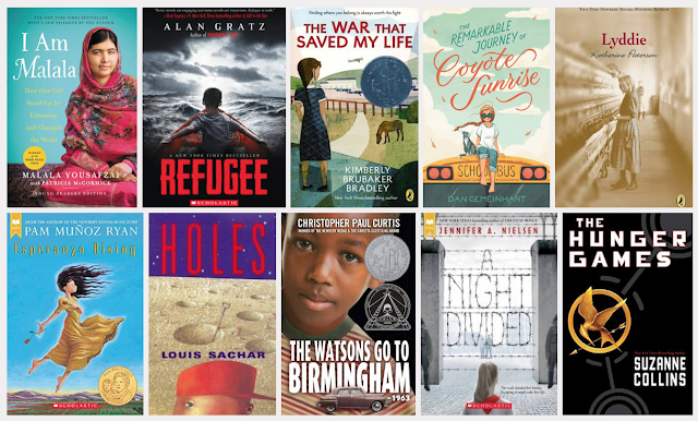 Image of 10 novels: I Am Malala, Esperanza Rising, The Hunger Games, The Remarkable Journey of Coyote Sunrise, A Night Divided, Refugee, Holes, The Watsons Go to Birmingham 1963, Lyddie, The War The Saved My Life
