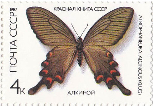 Бабочка алкиной (Atrophaneura alcinous) на марке