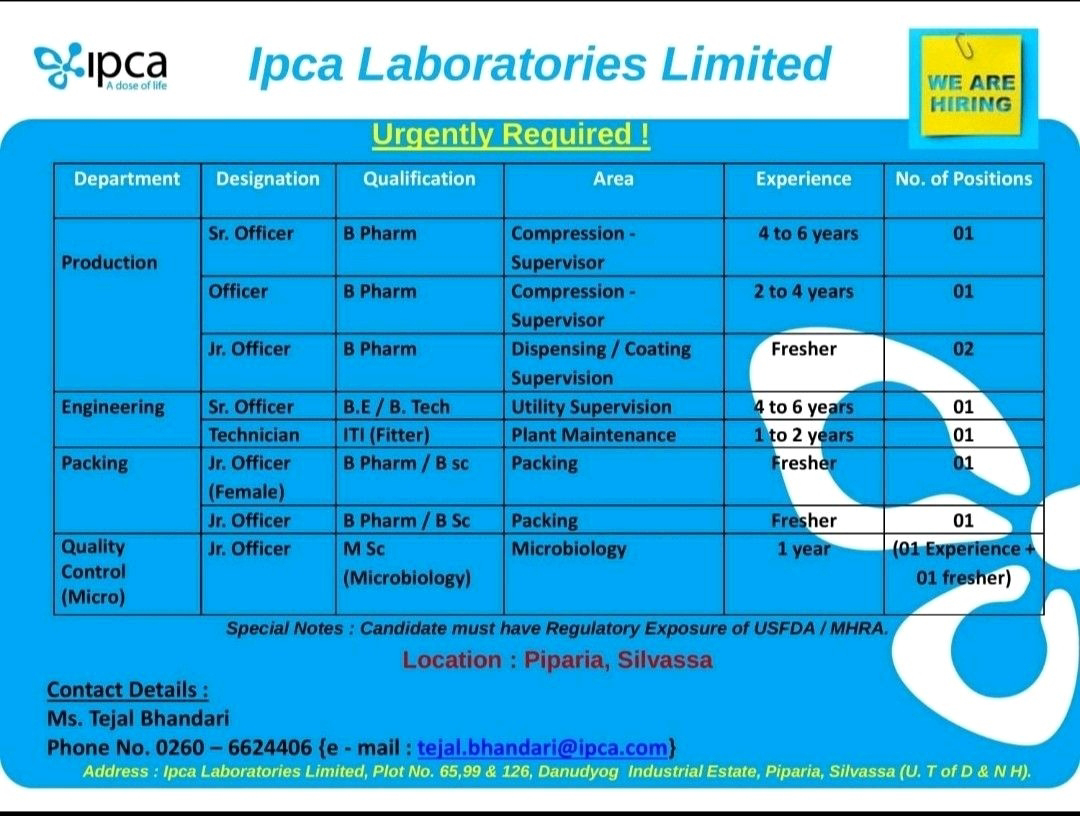 Job Availables, Production/ Engineering/ Packing/ Quality Control Department Job Vacancy For Fresher/ Experienced Candidates At Ipca Laboratories Ltd