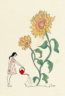 big flower, small woman illustration