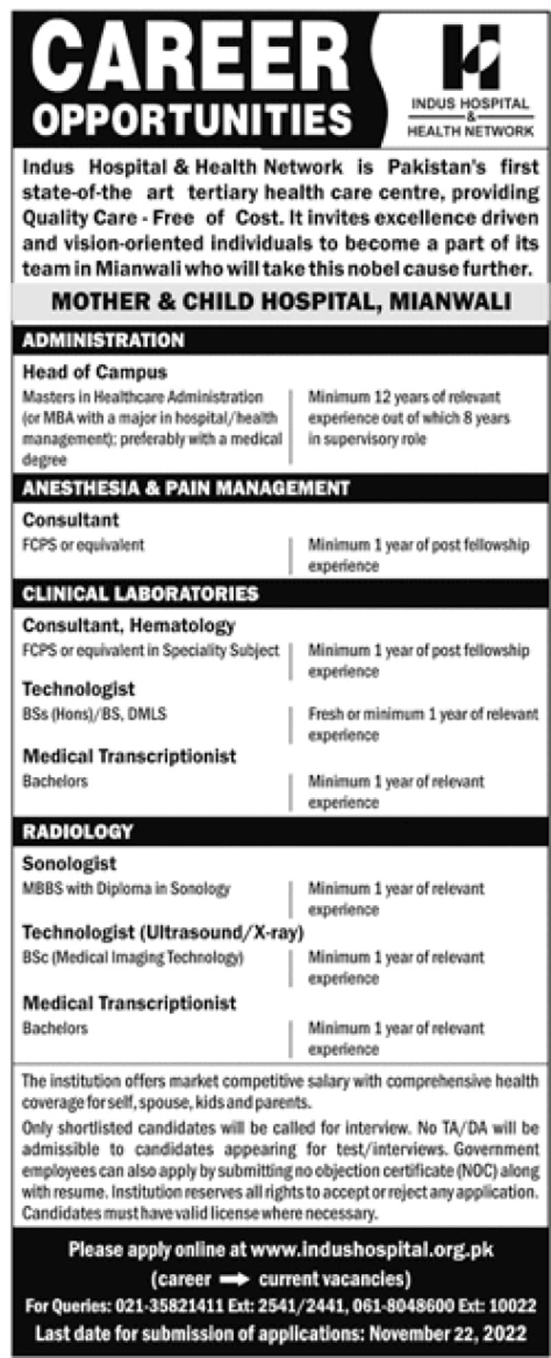 Indus Hospital and Health Network Jobs 2022 Latest Advertisement