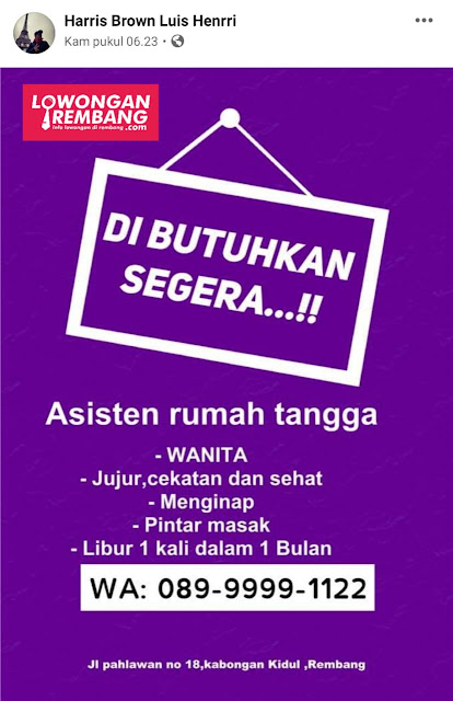 Lowongan Kerja Asisten Rumah Tangga Kabongan Kidul Rembang