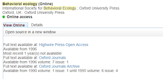 screenshot of the library catalogue showing a journal with access being provided by multiple sources with different date ranges