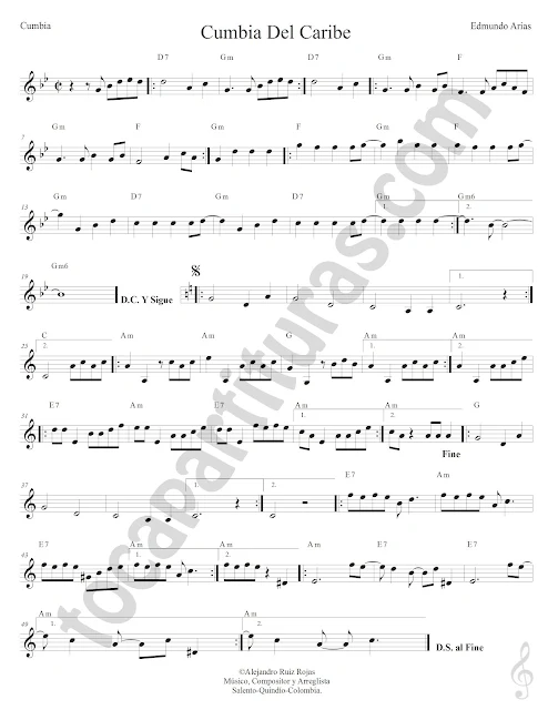 Cumbia del Caribe Cumbia de Edmundo Arias Partitura Fácil con Acordes Cumbia del Caribe Easy Sheet Music with Chords