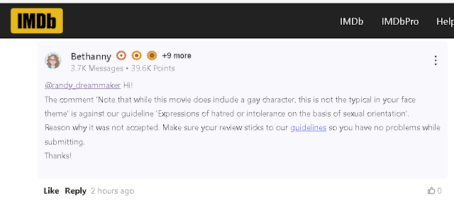 IMDB Staff indicates reviews mentioning "Gay Character" are being censored.